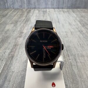 Nixon Sentry Leather Watch Mens 42mm Gold Tone Brown Leather Band New Battery